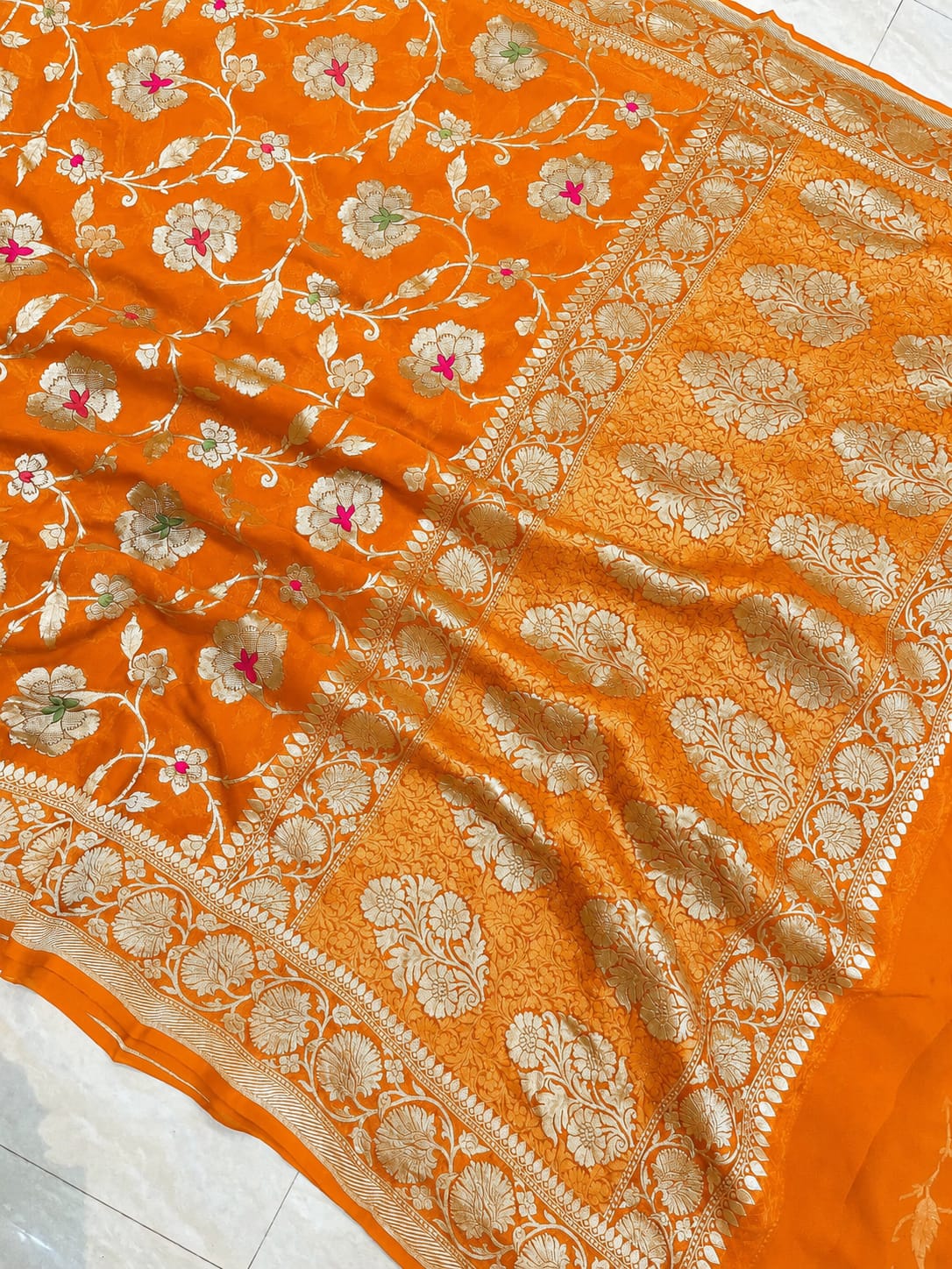 Banarasi Georgette Silk Saree with Silver Mina Jaal Weaving - BGSMJ056