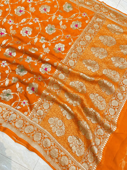 Banarasi Georgette Silk Saree with Silver Mina Jaal Weaving - BGSMJ056