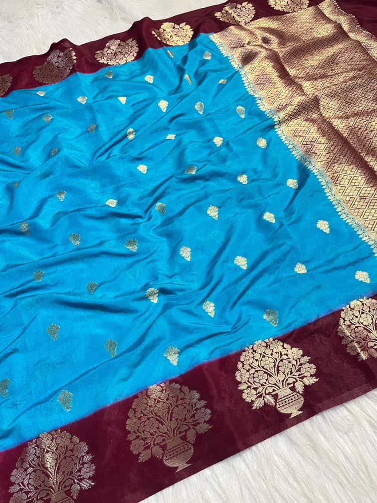 Semi Katan Silk Saree with Mint Contrast Border & Zari Buti Weaving - SKSSMCLB04