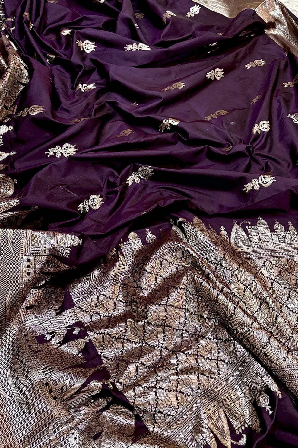 Banarasi Semi Katan Silk Saree – Ghat Border with Trishul Buti - BGBTBS058