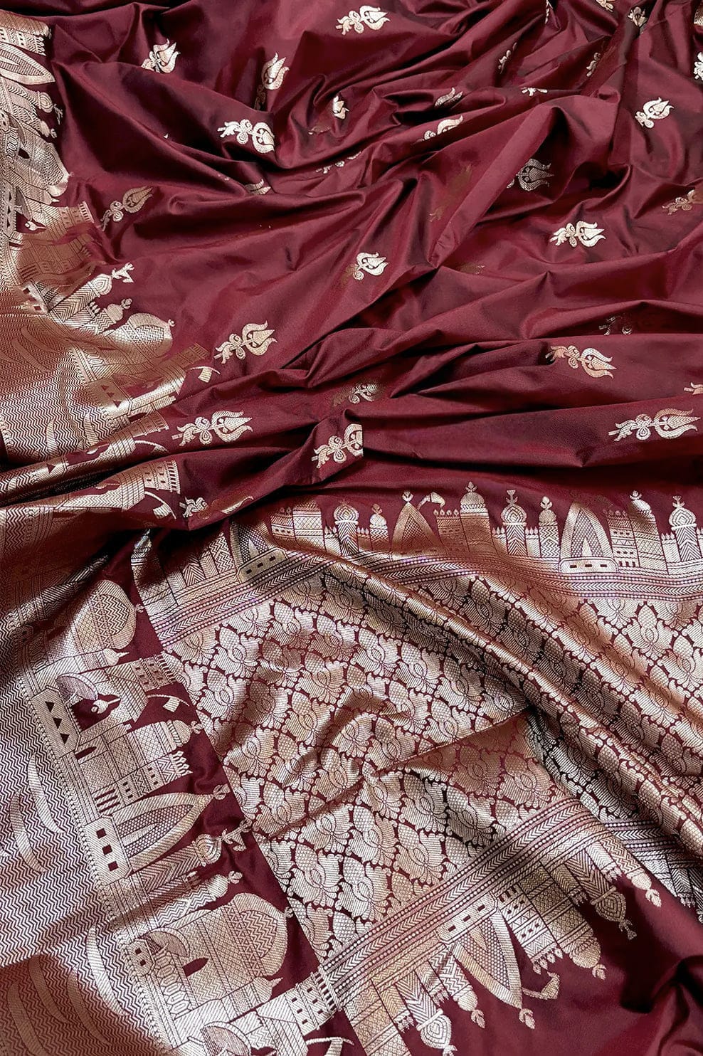 Banarasi Semi Katan Silk Saree – Ghat Border with Trishul Buti - BGBTBS059