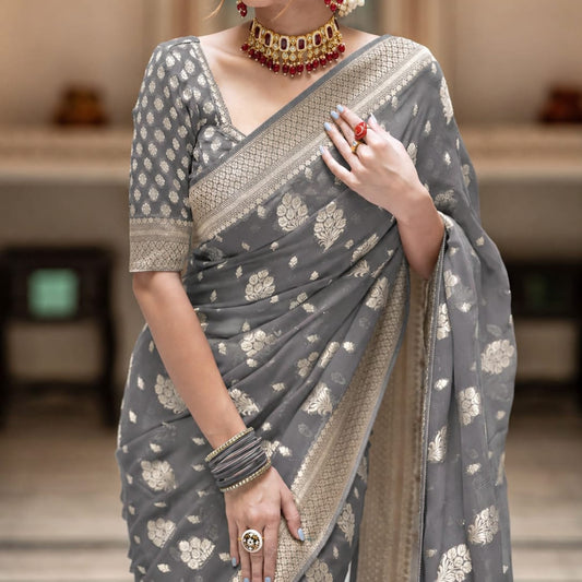 Grey Banarasi Georgette Silk Saree - DGBGS084