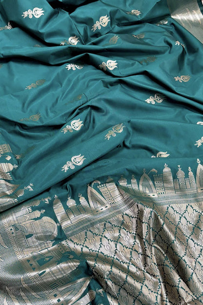 Banarasi Semi Katan Silk Saree – Ghat Border with Trishul Buti - BGBTBS055