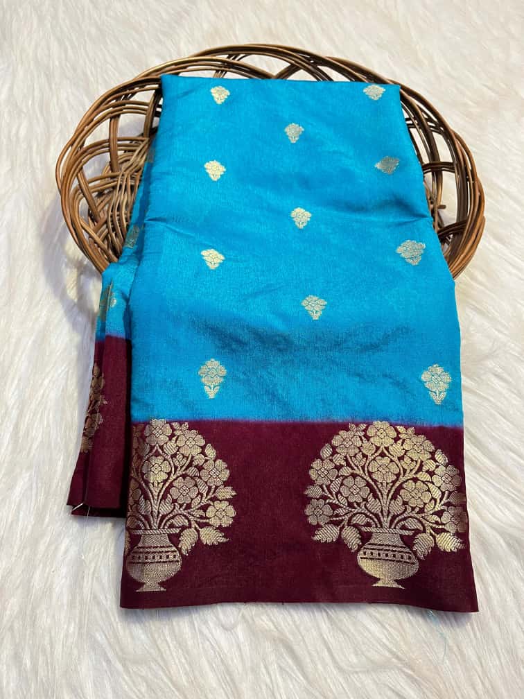 Semi Katan Silk Saree with Mint Contrast Border & Zari Buti Weaving - SKSSMCLB04