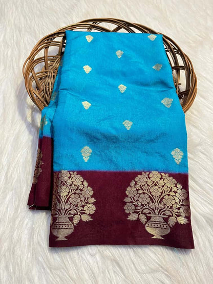 Semi Katan Silk Saree with Mint Contrast Border & Zari Buti Weaving - SKSSMCLB04