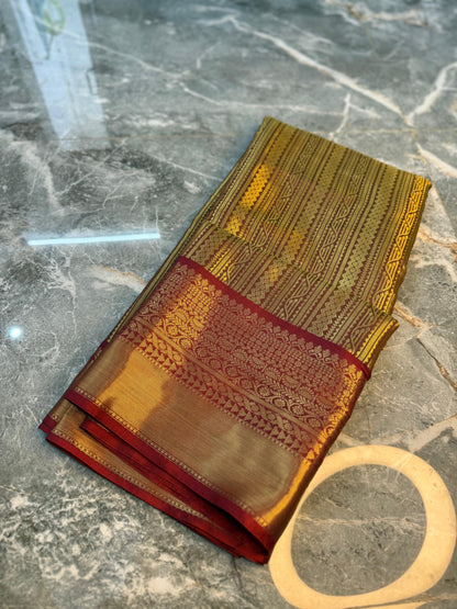 Banarasi Tanchui Silk Saree with Rich Red Zari Border - BTSRZBG035
