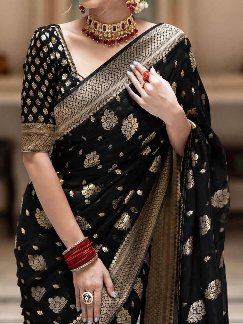 Black Banarasi Georgette Silk Saree - BKBGS085