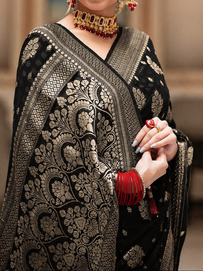 Black Banarasi Georgette Silk Saree - BKBGS085