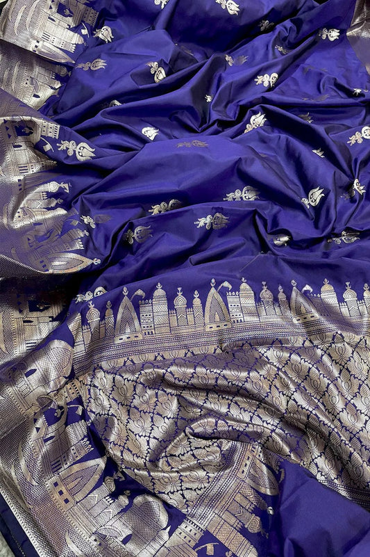 Banarasi Semi Katan Silk Saree – Ghat Border with Trishul Buti - BGBTBS051