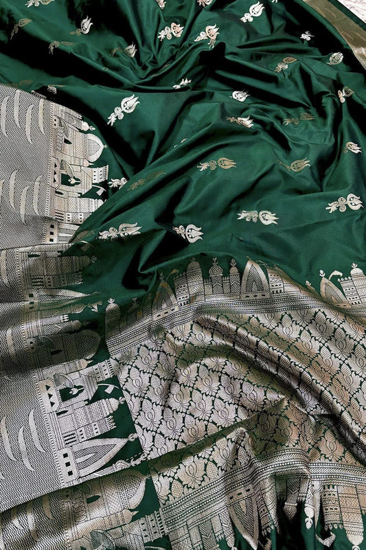 Banarasi Semi Katan Silk Saree – Ghat Border with Trishul Buti - BGBTBS056