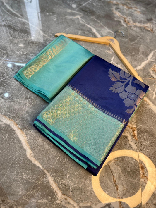 Banarasi Semi Katan Soft Silk Saree with Double Zari Aada Border - BSKSSB054