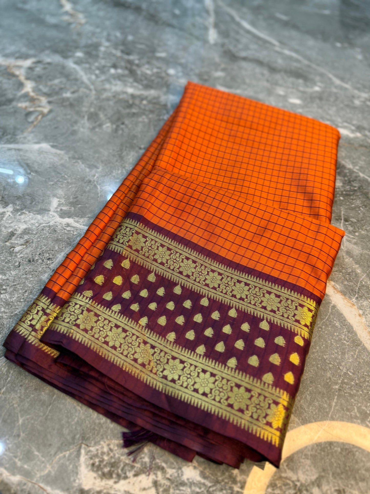Rust Orange Banarasi Soft Silk Saree with Check Weaving & Rich Contrast Pallu - ROBSS01