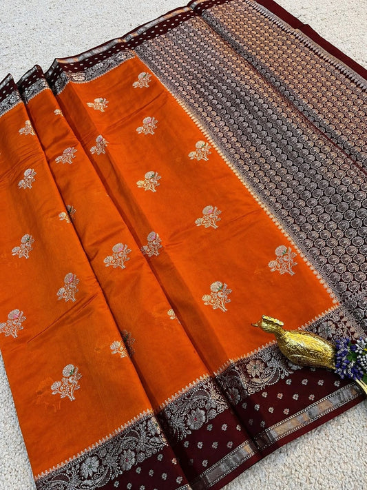 Orange Banarasi Semi Katan Silk Saree - BSKOES037