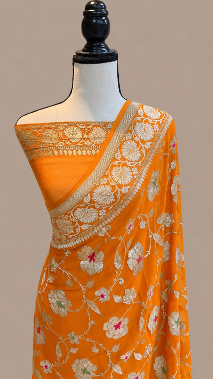 Banarasi Georgette Silk Saree with Silver Mina Jaal Weaving - BGSMJ056