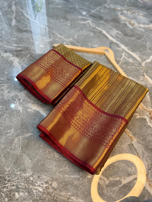 Banarasi Tanchui Silk Saree with Rich Red Zari Border - BTSRZBG035