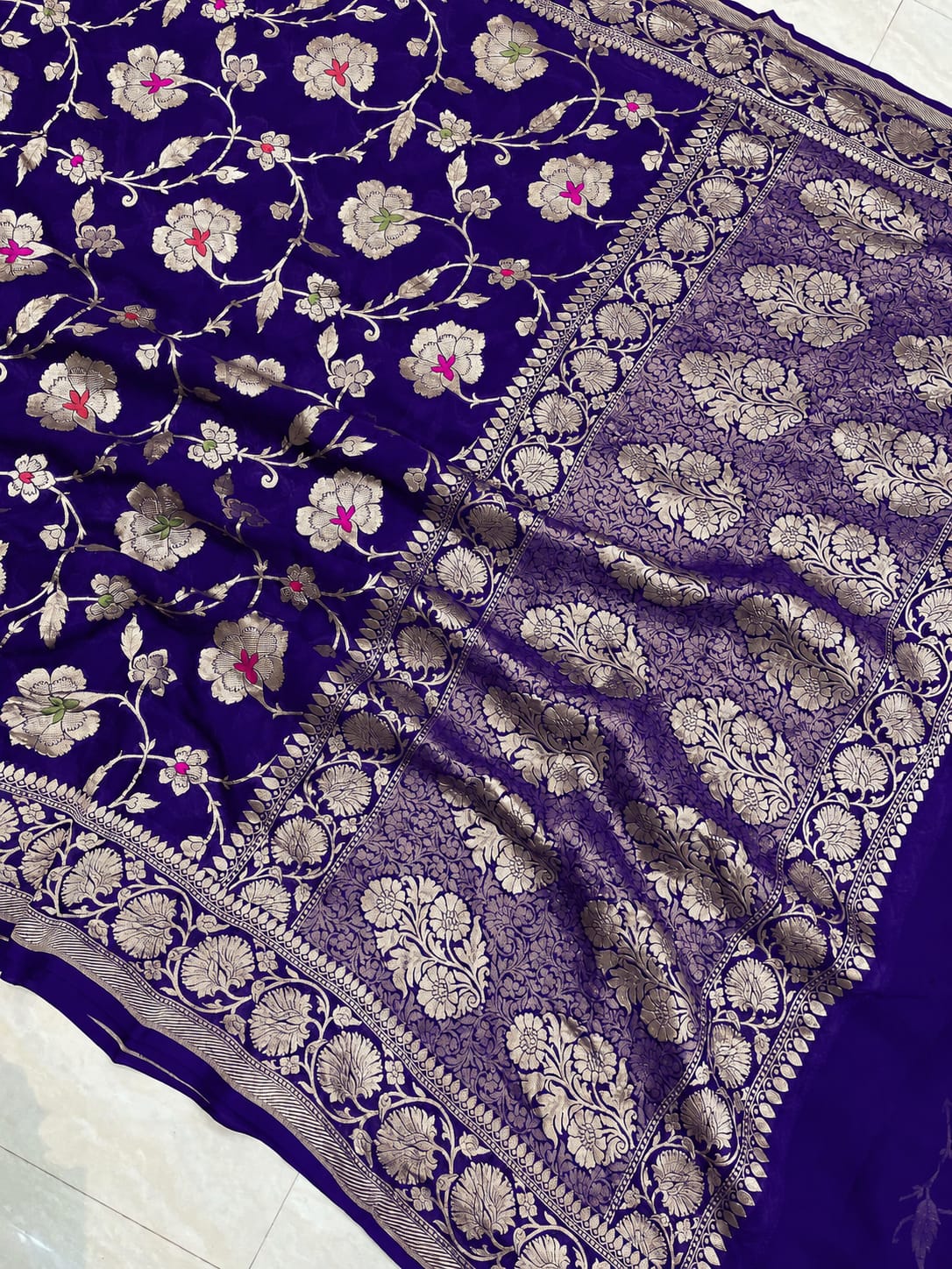 Banarasi Georgette Silk Saree with Silver Mina Jaal Weaving - BGSMJ063