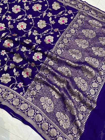Banarasi Georgette Silk Saree with Silver Mina Jaal Weaving - BGSMJ063