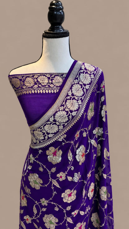 Banarasi Georgette Silk Saree with Silver Mina Jaal Weaving - BGSMJ063