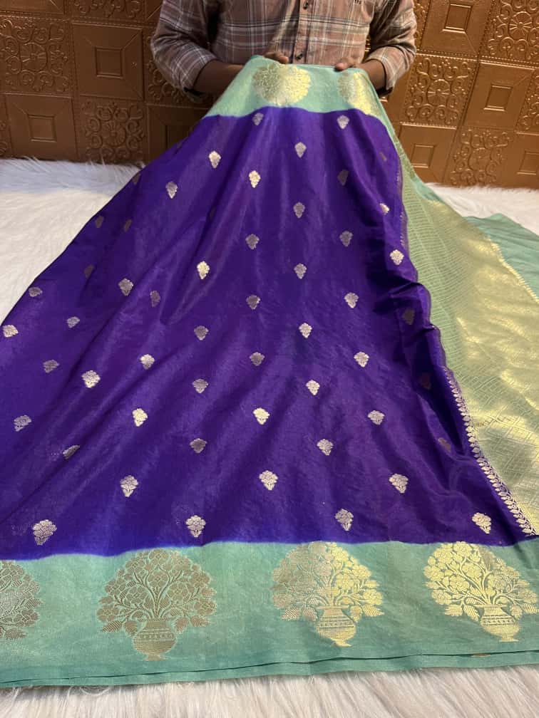 Semi Katan Silk Saree with Mint Contrast Border & Zari Buti Weaving - SKSSMCB01