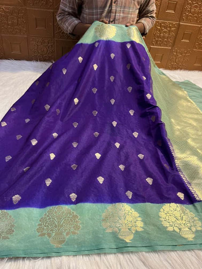 Semi Katan Silk Saree with Mint Contrast Border & Zari Buti Weaving - SKSSMCB01