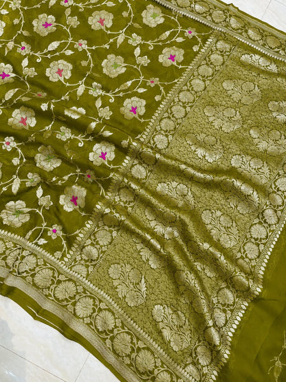 Banarasi Georgette Silk Saree with Silver Mina Jaal Weaving - BGSMJ052