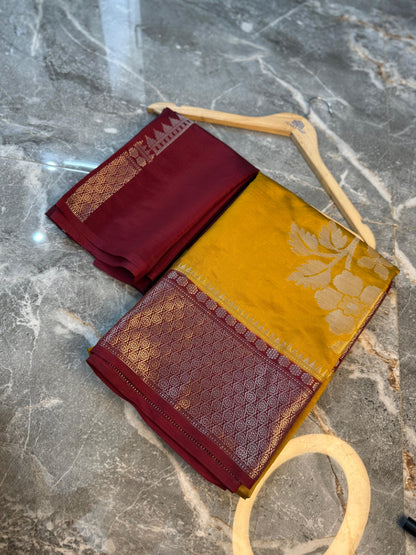 Banarasi Semi Katan Soft Silk Saree with Double Zari Aada Border - BSKSSY055