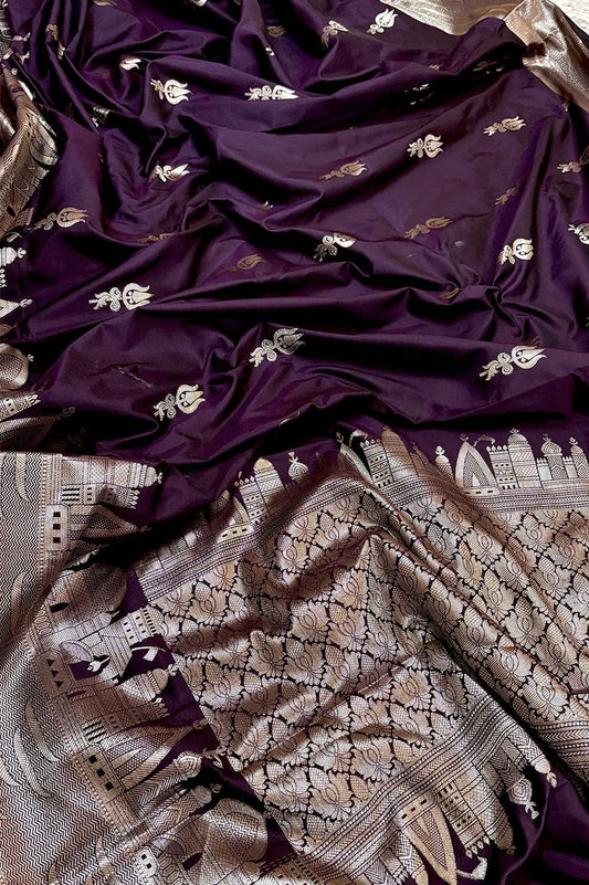 Banarasi Semi Katan Silk Saree – Ghat Border with Trishul Buti - BGBTBS058