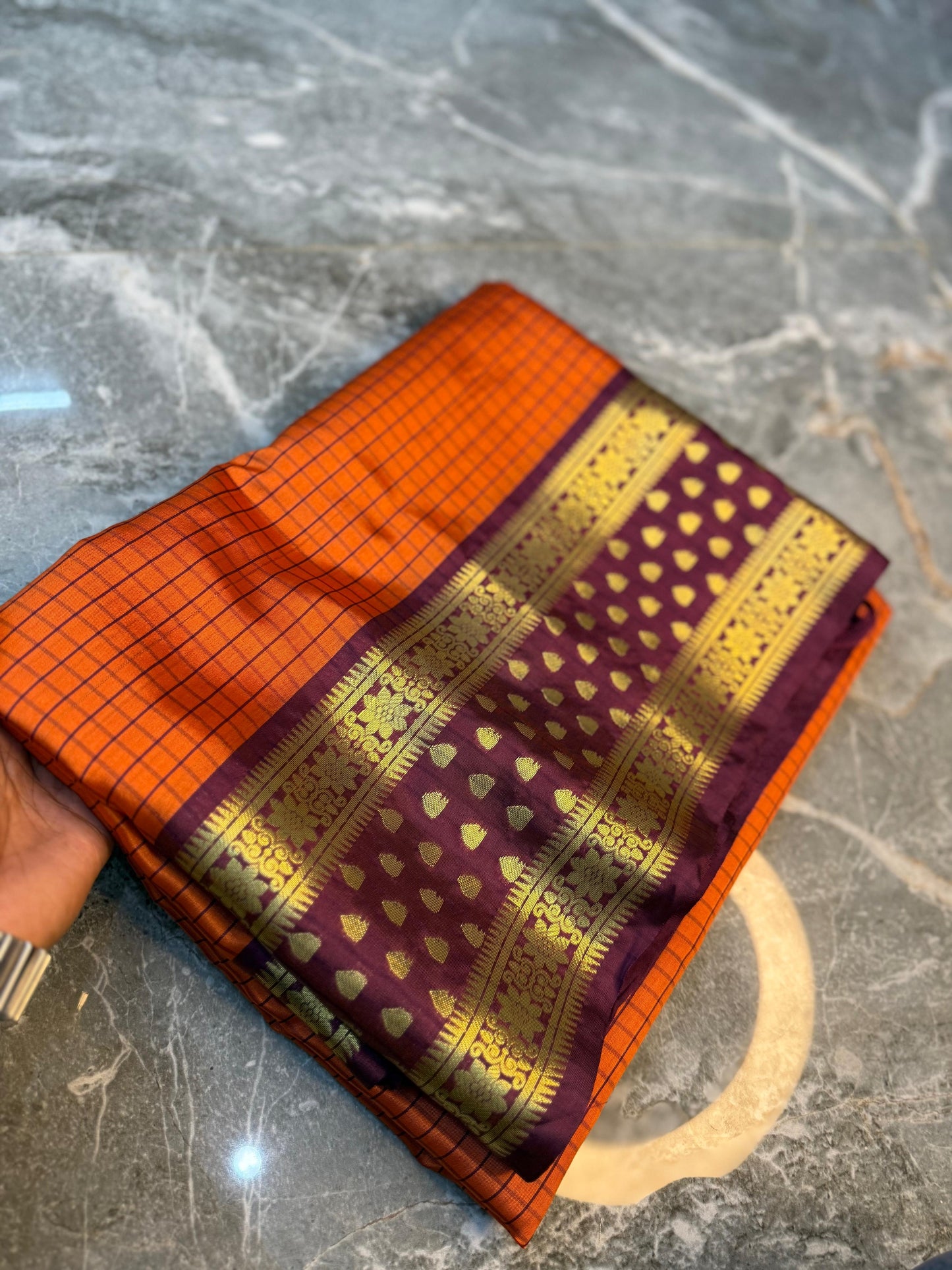 Rust Orange Banarasi Soft Silk Saree with Check Weaving & Rich Contrast Pallu - ROBSS01