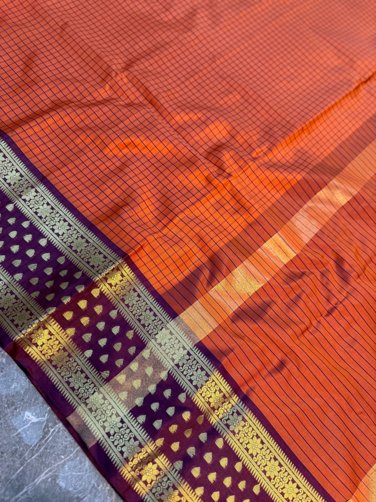 Rust Orange Banarasi Soft Silk Saree with Check Weaving & Rich Contrast Pallu - ROBSS01