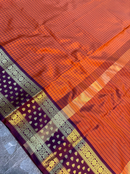 Rust Orange Banarasi Soft Silk Saree with Check Weaving & Rich Contrast Pallu - ROBSS01