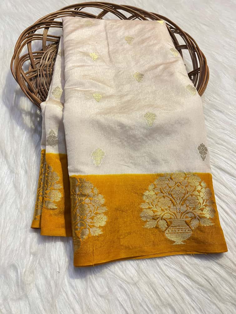 Semi Katan Silk Saree with Mint Contrast Border & Zari Buti Weaving - SKSSMCOW03