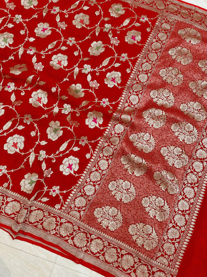Banarasi Georgette Silk Saree with Silver Mina Jaal Weaving - BGSMJ054
