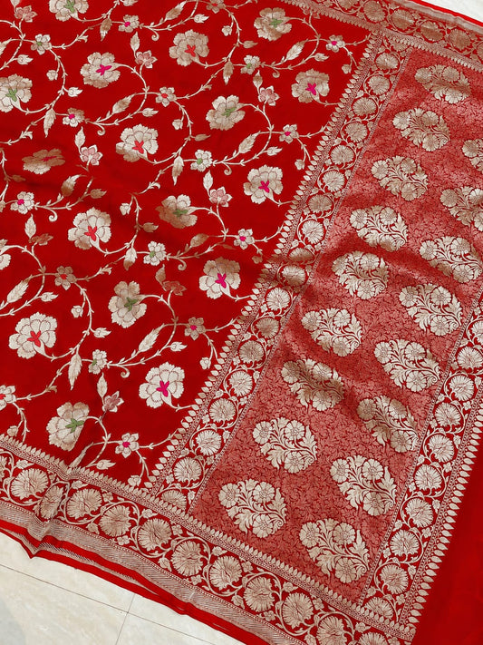 Banarasi Georgette Silk Saree with Silver Mina Jaal Weaving - BGSMJ054