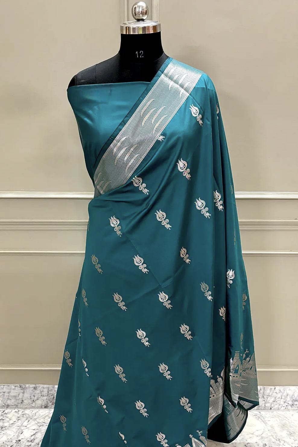 Banarasi Semi Katan Silk Saree – Ghat Border with Trishul Buti - BGBTBS055
