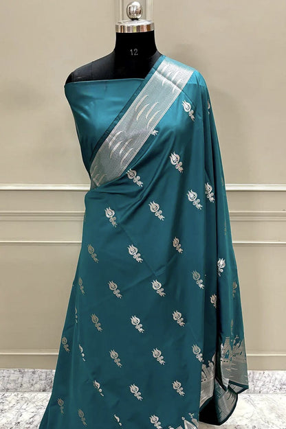 Banarasi Semi Katan Silk Saree – Ghat Border with Trishul Buti - BGBTBS055