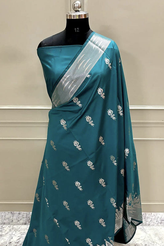 Banarasi Semi Katan Silk Saree – Ghat Border with Trishul Buti - BGBTBS055