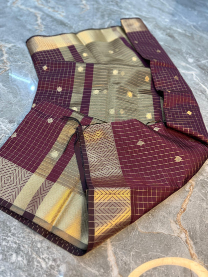 Banarasi Check Pattu Saree with Small Buti Design - BCPSBD061