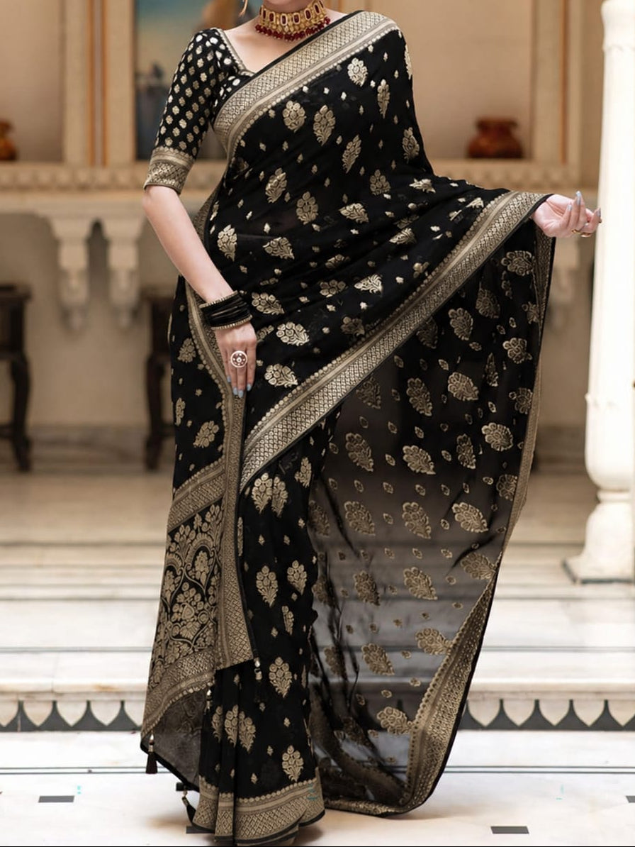 Black Banarasi Georgette Silk Saree - BKBGS085