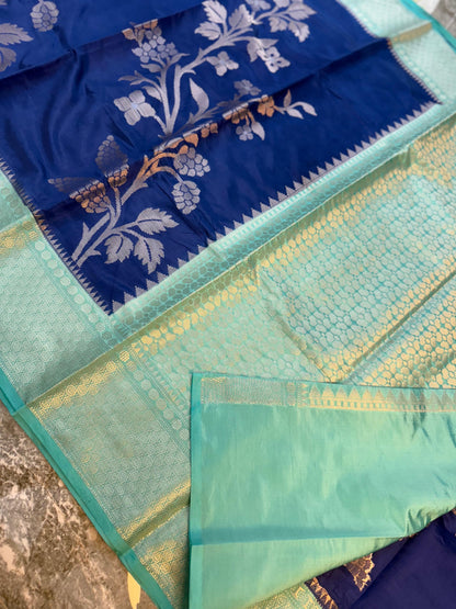 Banarasi Semi Katan Soft Silk Saree with Double Zari Aada Border - BSKSSB054