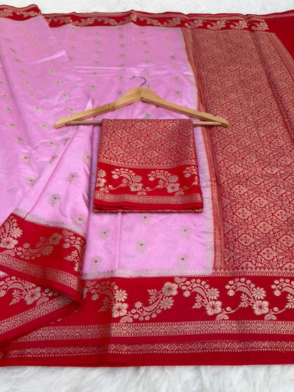 Royal Banarasi Semi Katan Silk Saree with Aada Mina Border Weaving - RBSKSOPR75