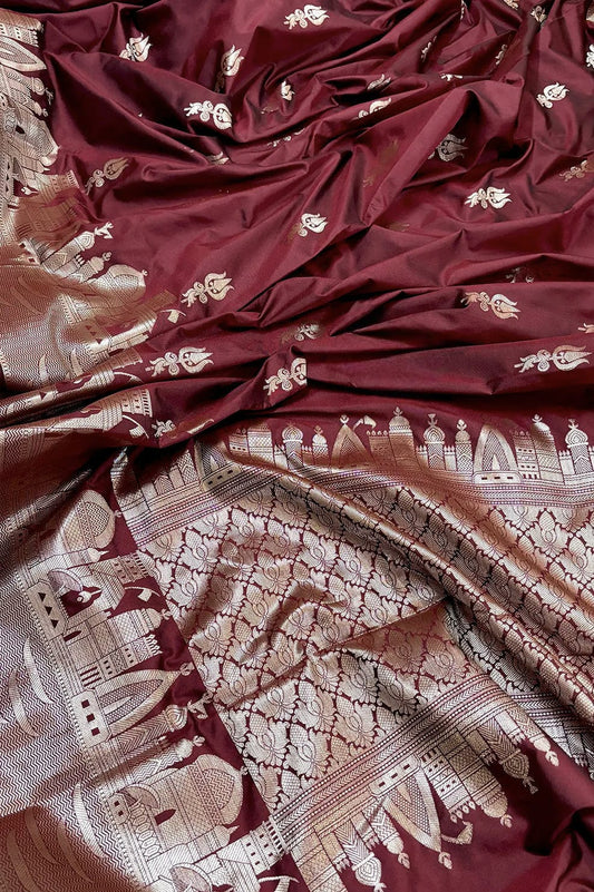 Banarasi Semi Katan Silk Saree – Ghat Border with Trishul Buti - BGBTBS059