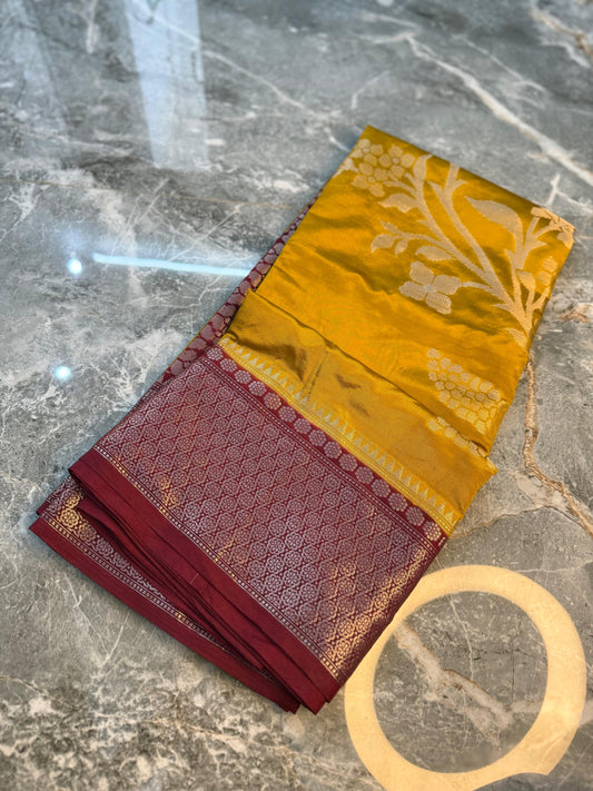 Banarasi Semi Katan Soft Silk Saree with Double Zari Aada Border - BSKSSY055