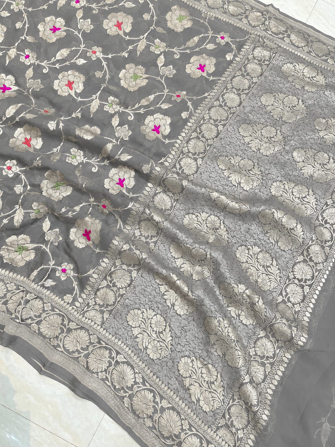 Banarasi Georgette Silk Saree with Silver Mina Jaal Weaving - BGSMJ059