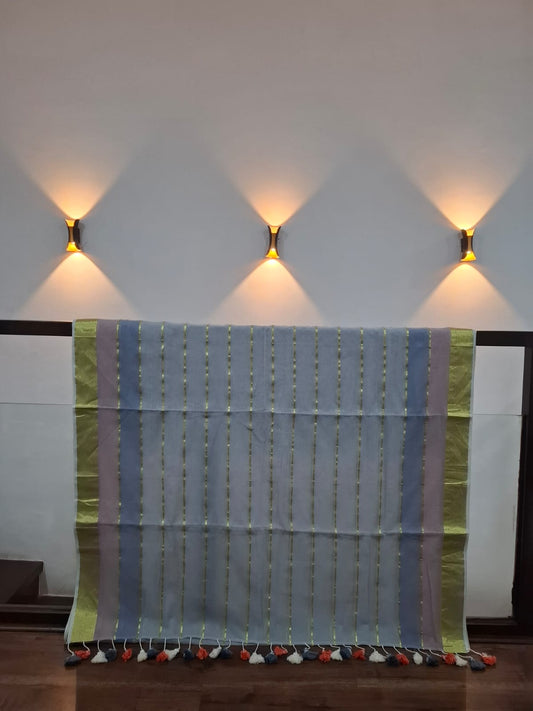 Mulmul Cotton Saree with Multicolour Striped Border - MCSWMSB026