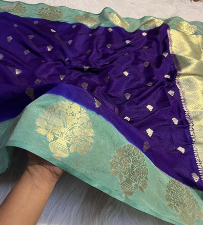 Semi Katan Silk Saree with Mint Contrast Border & Zari Buti Weaving - SKSSMCB01