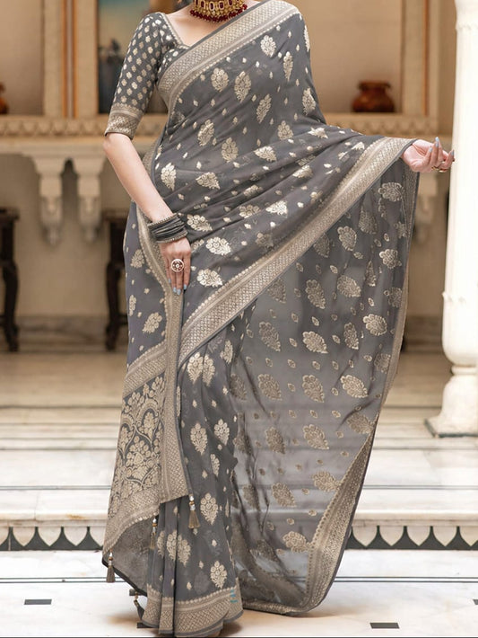 Grey Banarasi Georgette Silk Saree - DGBGS084