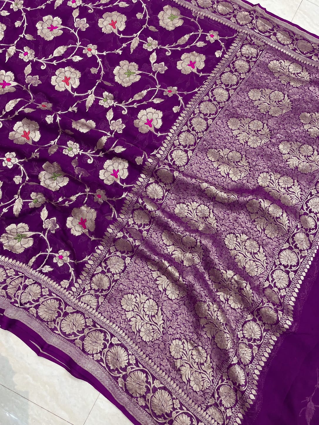 Banarasi Georgette Silk Saree with Silver Mina Jaal Weaving - BGSMJ050