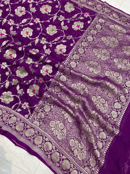 Banarasi Georgette Silk Saree with Silver Mina Jaal Weaving - BGSMJ050