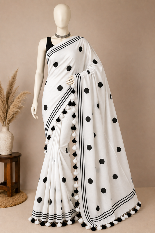 Pure Mulmul Polka Dots Saree | Handwoven | MPD007
