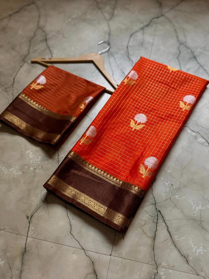 Banarasi Semi Katan Soft Silk Saree with Zari Checks - BSKCOB1